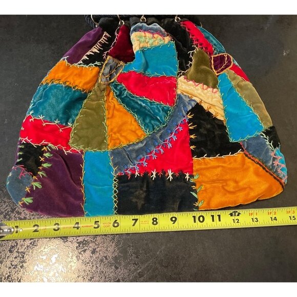 Colorful Patchwork Drawstring Bohemian Velvet Bucket Bag - Picture 5 of 6